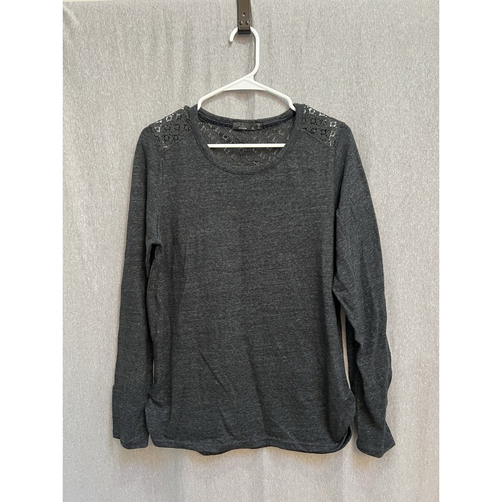 prAna Women Sz XL Top Black Long Sleeve Lace Ruched Lightweight Sweater